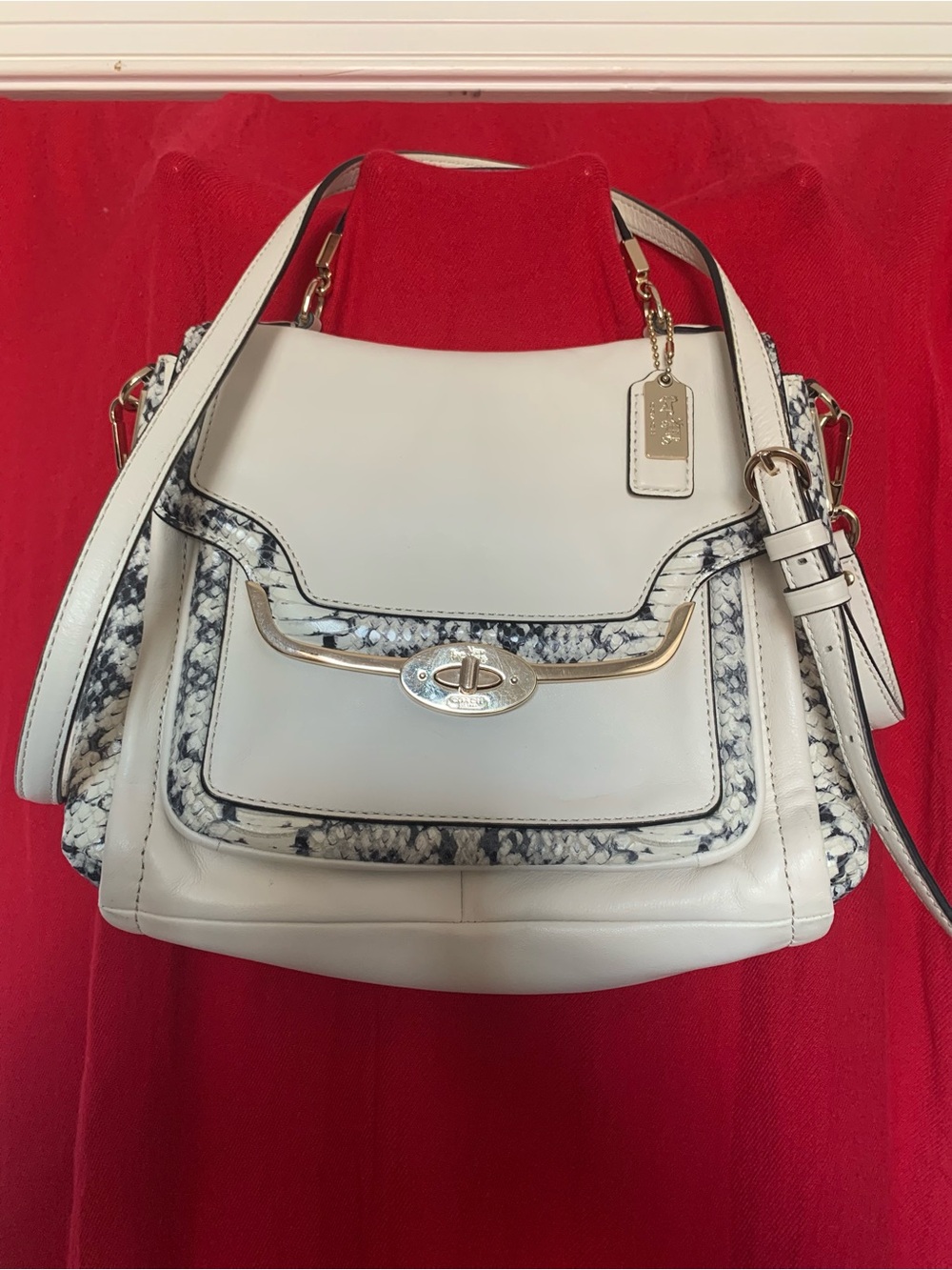 Coach White Leather Shoulder Bag with Snakeskin Accent